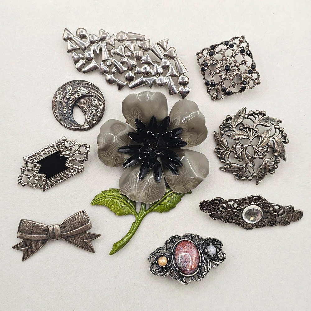 Vintage Rhinestone Brooch Lot 9pc Enamel Flower Dark Tones Goth Mixed Style Eras